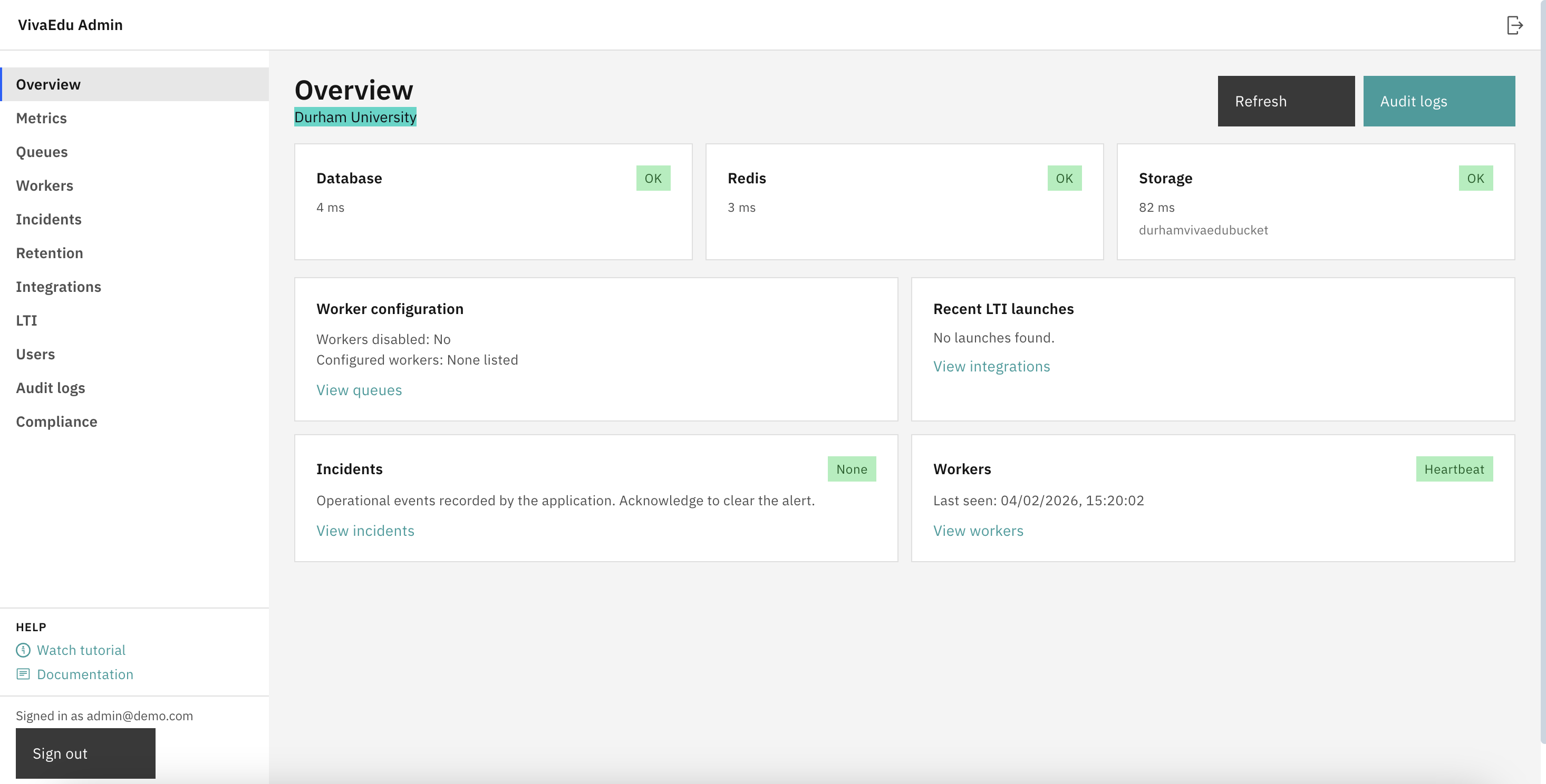 Admin overview showing Database, Redis, and Storage health tiles