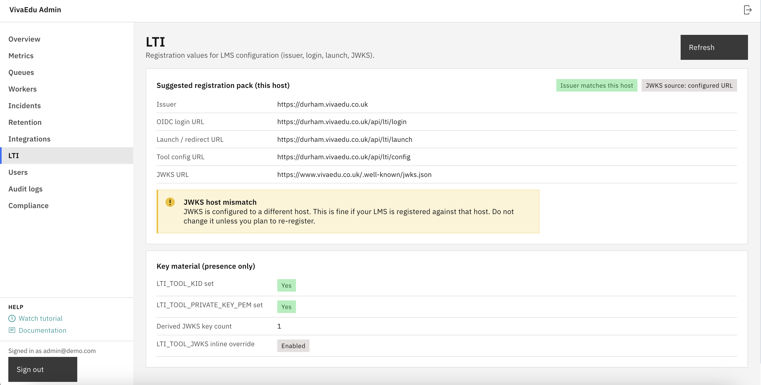 Admin overview showing recent LTI launches table